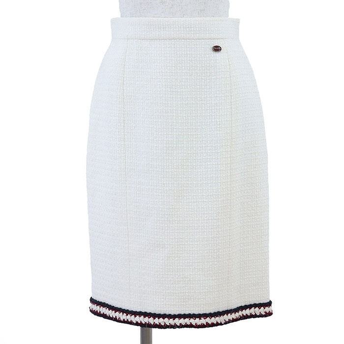 【美品】 シャネル P38607 ツイード スカート ボトムパイピング COCOチャーム パンツ レディース エクリュ 38 CHANEL