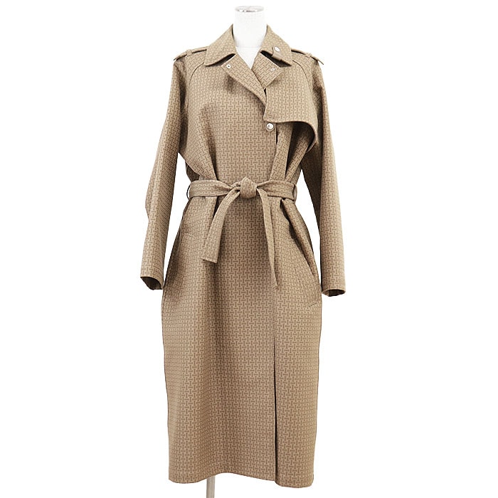 【極美品】HERMES エルメス モザイクトレンチコート 2024SS シグネチャー クルードセル セリエボタン Hモチーフ コットンジャガード ラムレザー アウター レディース ベルト付属 サイズ 38 ベージュ 薄茶色 総柄 フランス製