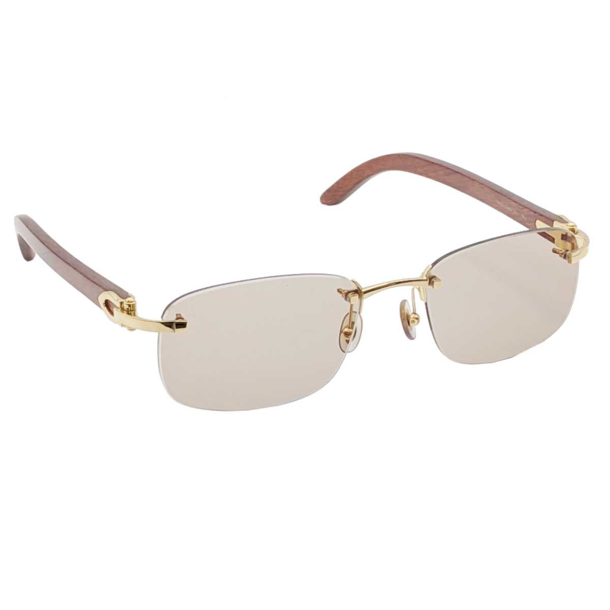 CARTIER カルティエ ウッド テンプル リムレス アンティーク サングラス 140b ▢19 ウッド メタル ブラウン ゴールド 【中古】