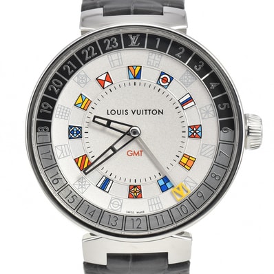 ルイ・ヴィトン LOUIS VUITTON QA096 タンブール ムーン デュアルタイム GMT クォーツ メンズ 美品 箱・保証書付き Q#146515