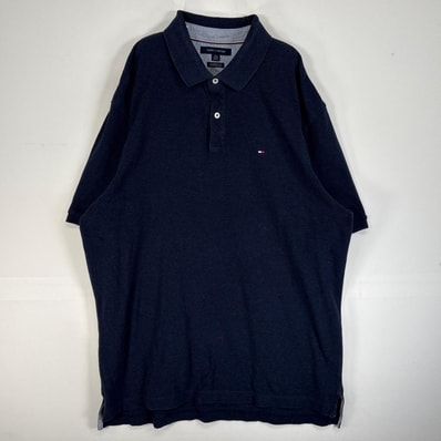 古着 トミーヒルフィガー TOMMY HILFIGER 鹿の子 半袖 ポロシャツ ロゴ 刺繍 大きいサイズ 2ボタン XL ネイビー 無地 メンズ