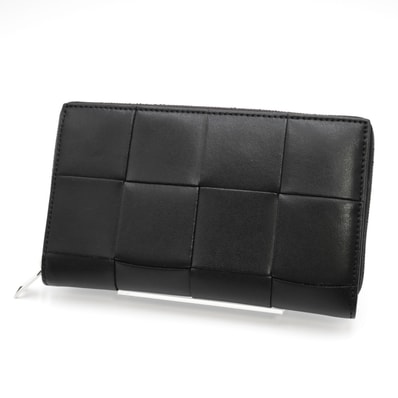 BOTTEGA VENETA(ボッテガ・ヴェネタ)マキシイントレチャート カセット ジップアラウンドウォレット 長財布 ブラック レザー シルバー金具 メンズ レディース【中古】