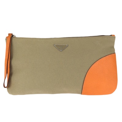 美品 PRADA プラダ 三角ロゴプレート ベージュ オレンジ シルバー金具 キャンバス レザー/ クラッチバッグ セカンドバッグ 601703 【中古】