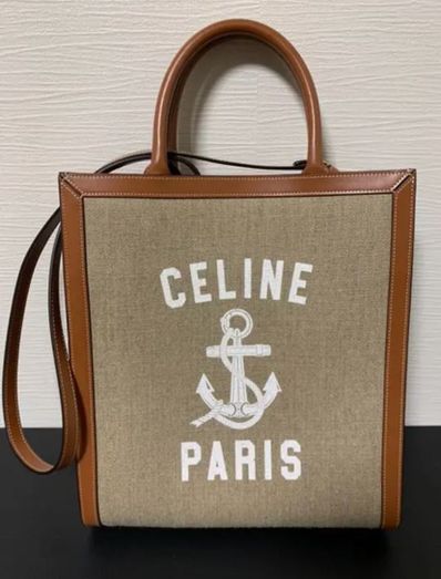 CELINE Small Vertical Cabas CELINE in Jute Canvas with Anchor Print and Calfskin "Natural/Tan"