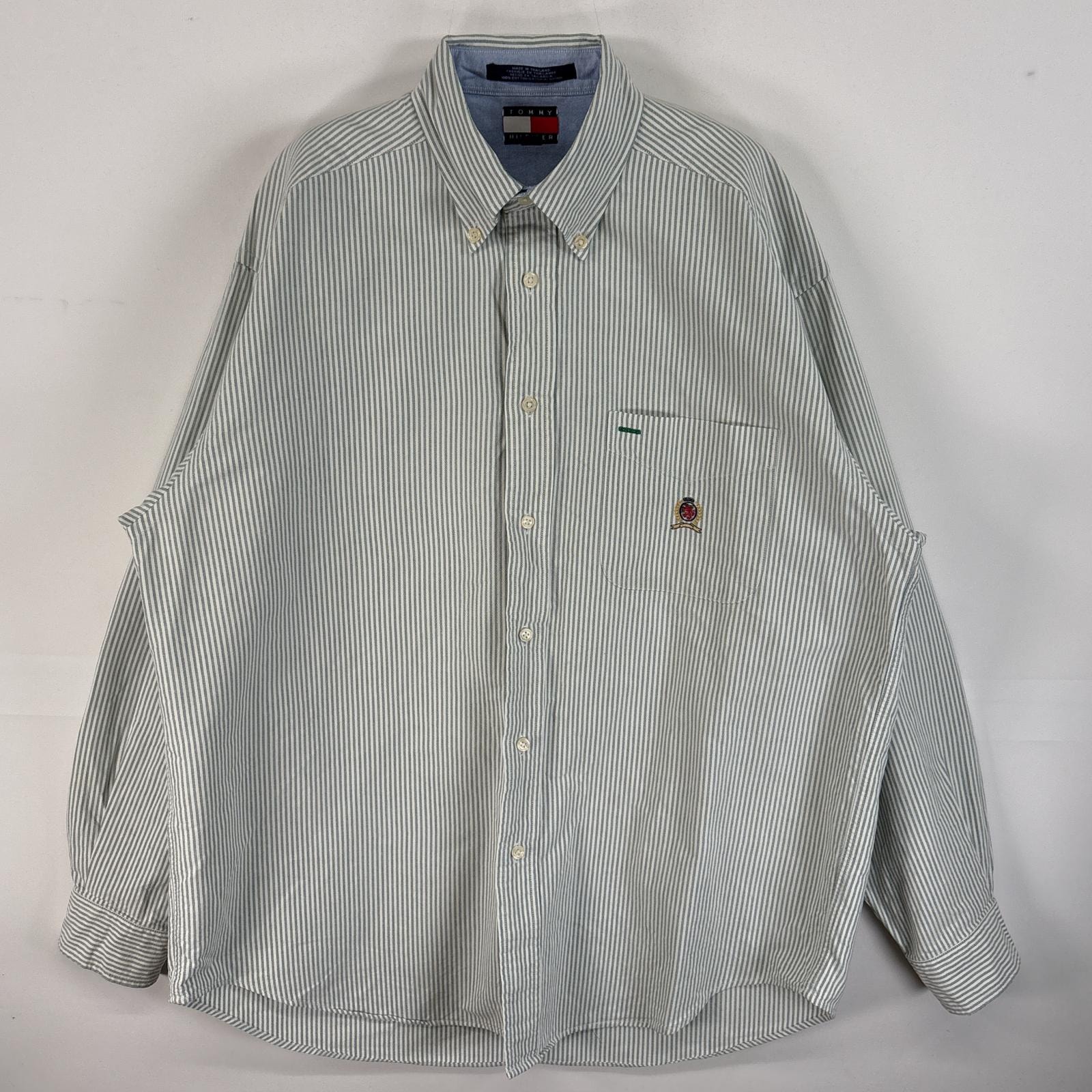 古着 90's/90年代 トミーヒルフィガー TOMMY HILFIGER 長袖シャツ ボタンダウン ロゴ 刺繍 胸ポケ M  グリーン系 ストライプ メンズ