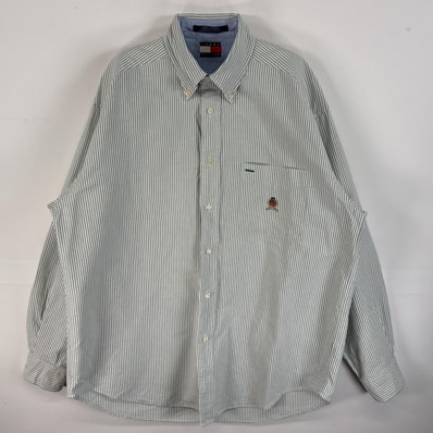 古着 90's/90年代 トミーヒルフィガー TOMMY HILFIGER 長袖シャツ ボタンダウン ロゴ 刺繍 胸ポケ M グリーン系 ストライプ メンズ
