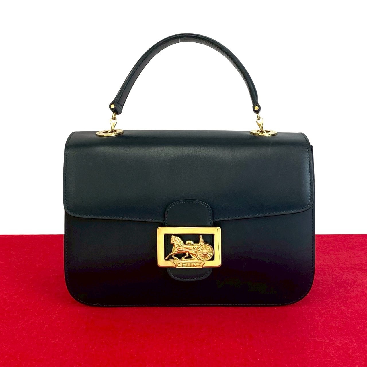CELINE セリーヌ サークル ロゴ 馬車 金具 カーフ レザー ハンドバッグ ネイビー
 d97-2