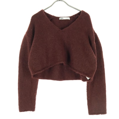 ZARA ザラ 長袖 Vネック ショート ニット S レッド系