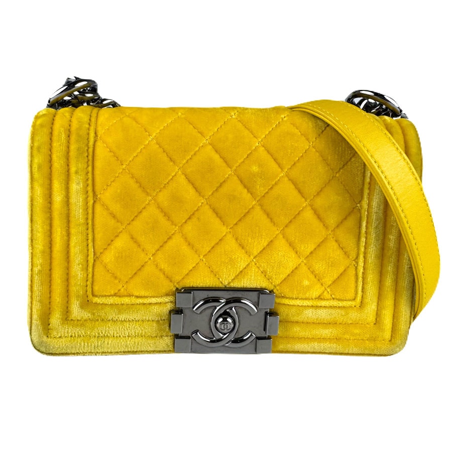シャネル CHANEL ショルダーバッグ ボーイシャネル ベルベット/レザー イエロー レディース【中古】 z8790