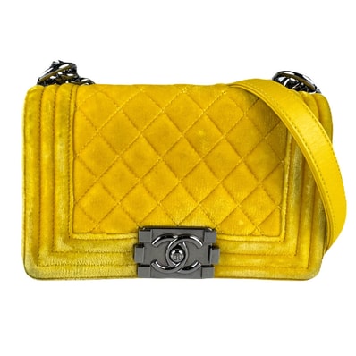 シャネル CHANEL ショルダーバッグ ボーイシャネル ベルベット/レザー イエロー レディース【中古】 z8790