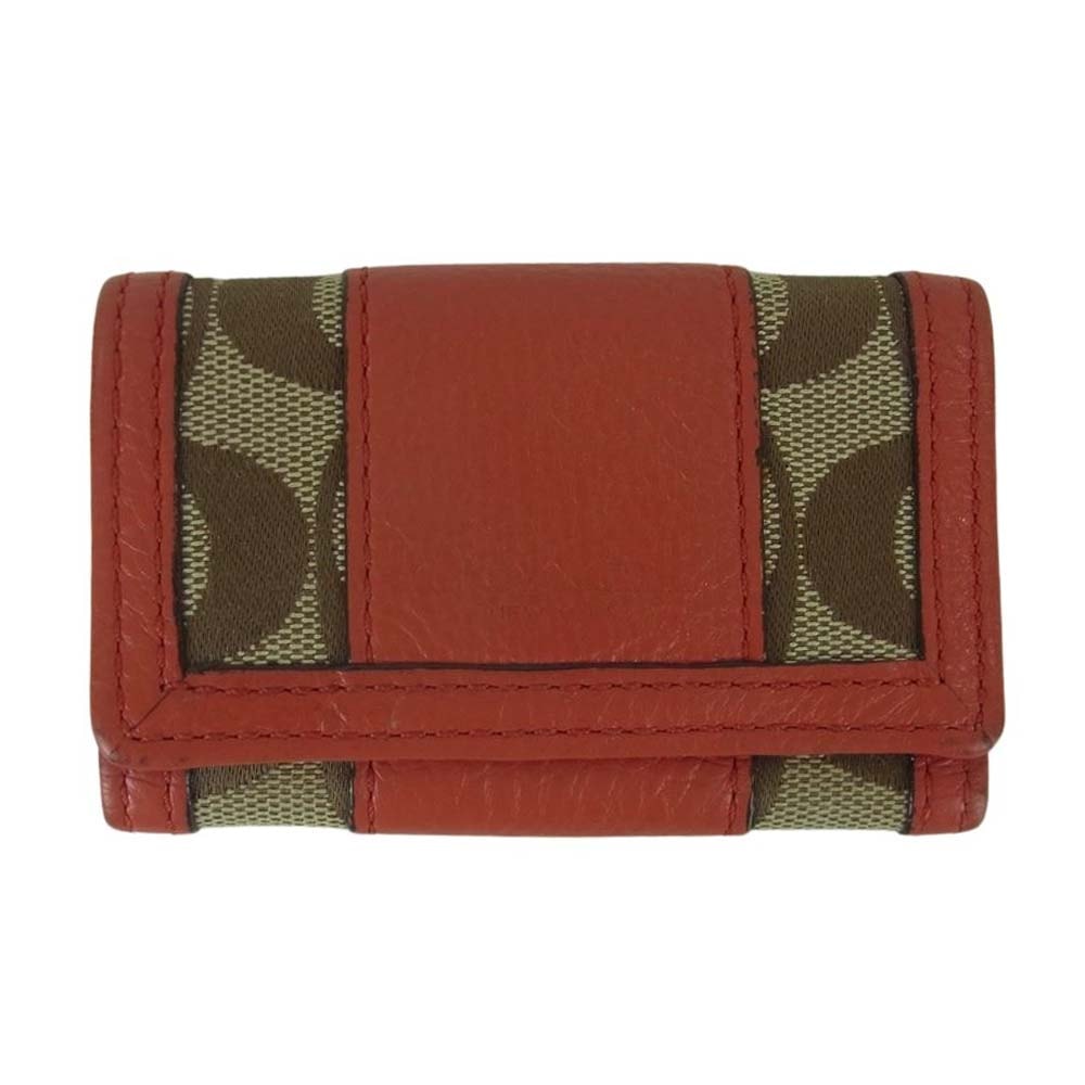 COACH コーチ キーケース 二つ折り キャンバス レザー キーケース レッド系 ベージュ系【中古】