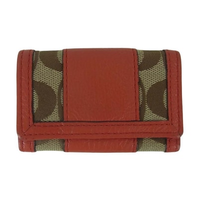 COACH コーチ キーケース 二つ折り キャンバス レザー キーケース レッド系 ベージュ系【中古】