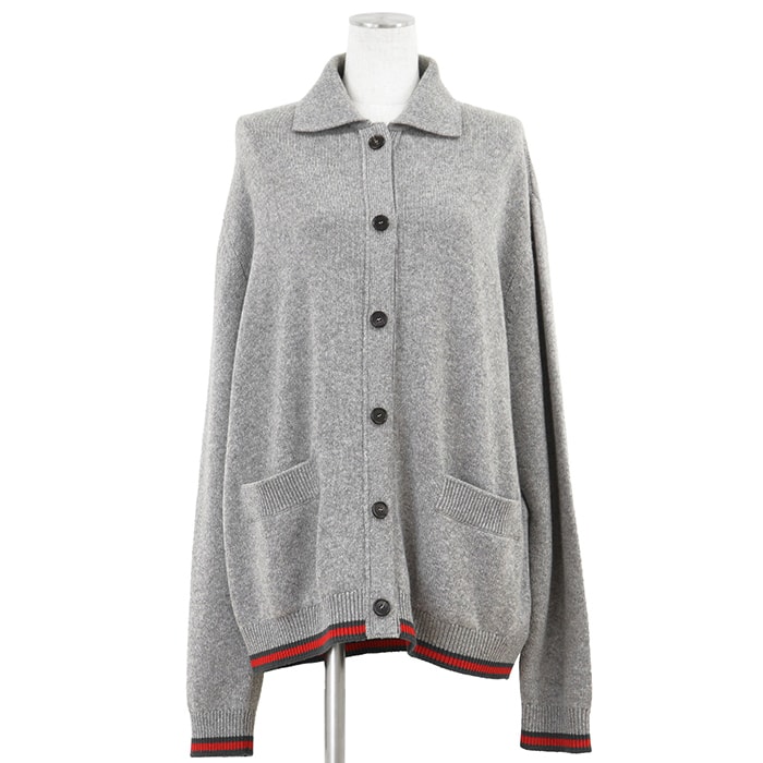 【未使用】GUCCI グッチ ニットカーディガン サイズ S レディース 2025年モデル ウール × カシミヤ ポロカラー ウェブライン ロゴボタン ロングスリーブ 長袖 メンズ着用可 トップス 袋付属 グレー 灰色 イタリア製