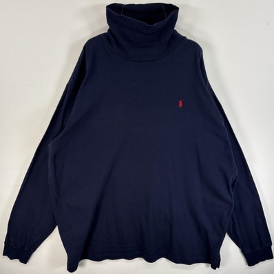 古着 90's/90年代 ポロバイラルフローレン Polo by Ralph Lauren 長袖Tシャツ ハイネック ワンポイント ロゴ 刺繍 USA製 14041 ネイビー 無地 メンズ