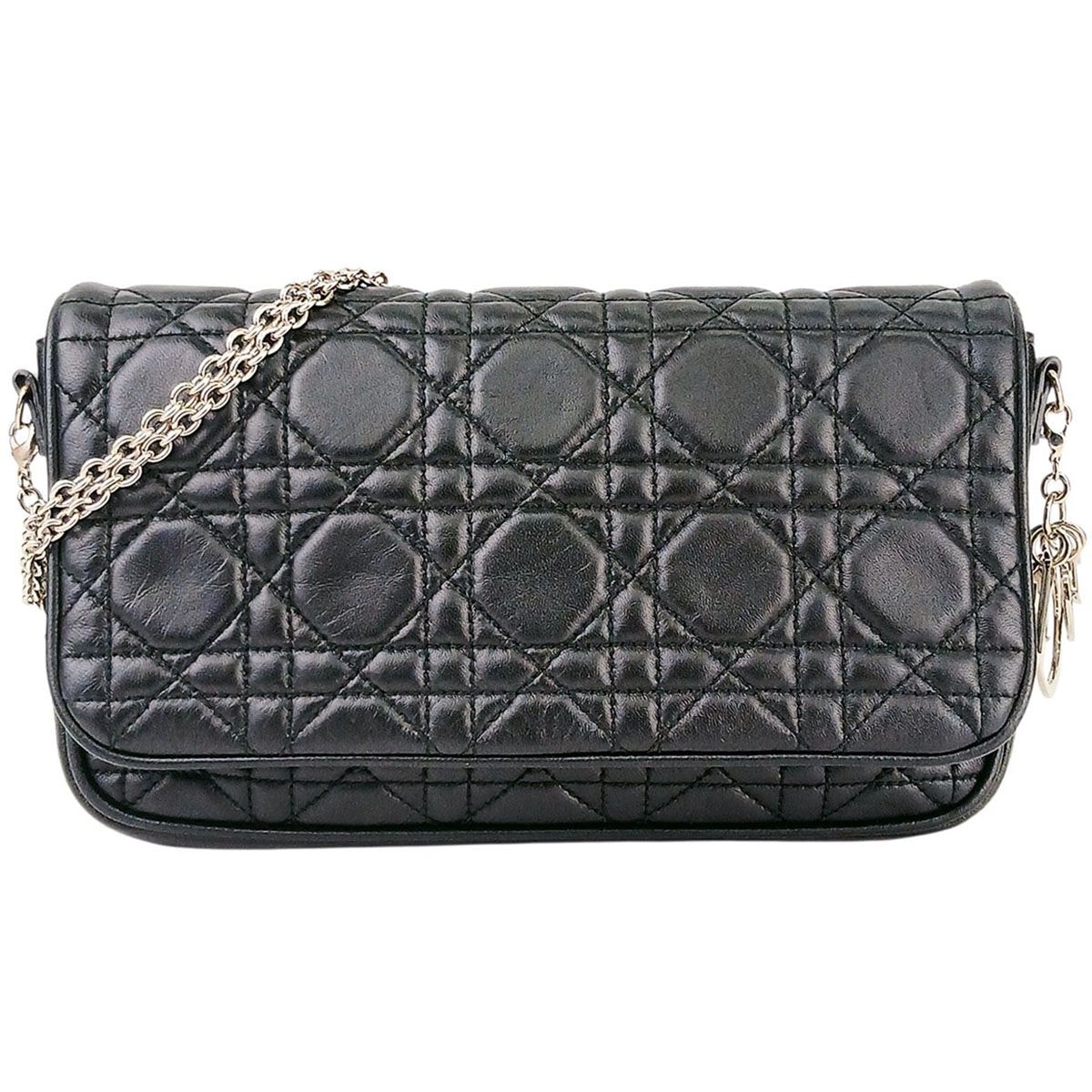 Christian Dior クリスチャンディオール レディディオール カナージュ チェーンウォレット 2way ショルダーバッグ レザー ブラック シルバー レディース【中古】