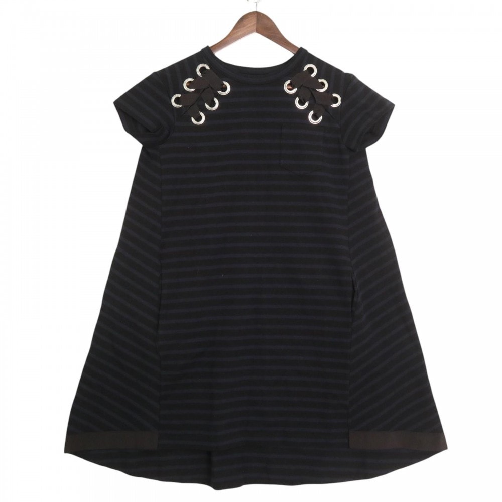 Sacai サカイ ワンピース 半袖 ボーダー アパレル 服 ネイビー 紺 ブラック 黒 コットン    レディース 美品【中古品】