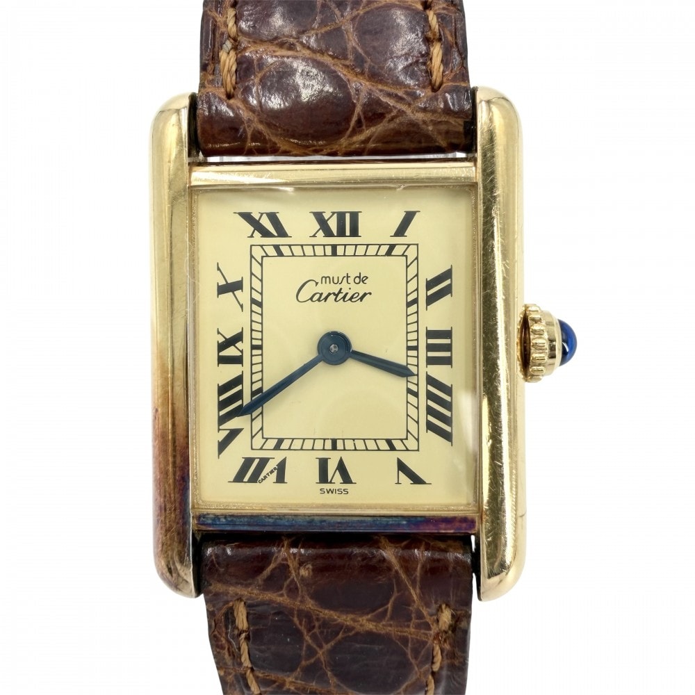 CARTIER カルティエ 腕時計 マストタンク SM ヴェルメイユ ウォッチ ベージュローマン 1613 クオーツ レザー    ブラウン 茶 ゴールド レディース【中古品】