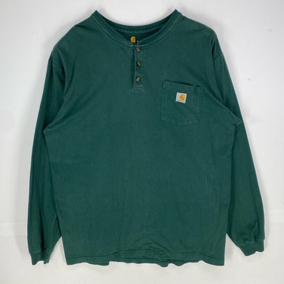 古着 カーハート Carhartt 長袖Tシャツ ポケット ワンポイント ヘンリーネック ロングスリーブ XL TALL グリーン系 メンズ