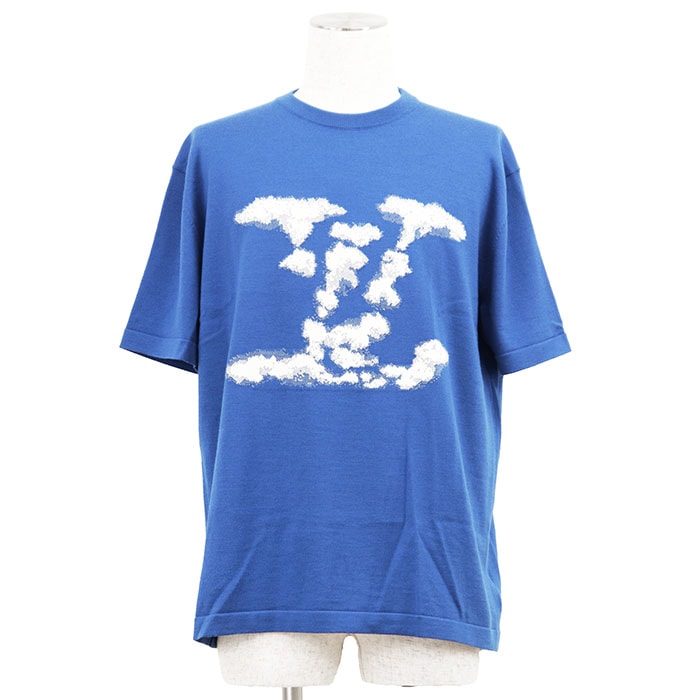 【美品】LOUIS VUITTON ルイ・ヴィトン ニット サイズ L メンズ Tシャツ LVロゴ 雲 クラウド プリント ショートスリーブ 半袖 トップス ブルー 青 イタリア製