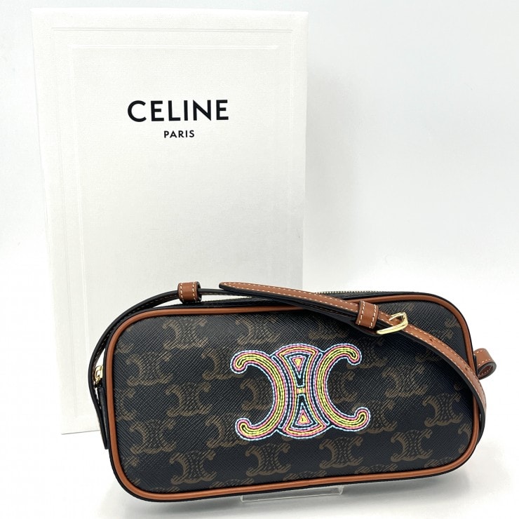 CELINE(セリーヌ)トリオンフ ミニカメラバッグ ショルダーバッグ レインボー刺繍 PVC レザー ブラウン レディース 10I512CZ1【中古】