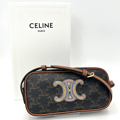 CELINE(セリーヌ)トリオンフ ミニカメラバッグ ショルダーバッグ レインボー刺繍 PVC レザー ブラウン レディース 10I512CZ1【中古】