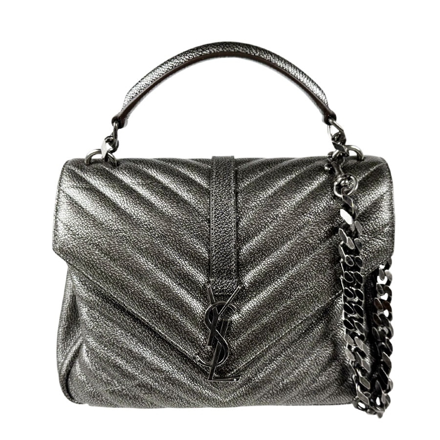 サンローラン SAINT LAURENT ハンドバッグ ショルダーバッグ カレッジ ミディアム レザー シルバー/カーキ シルバー レディース 428056【中古】 z11148