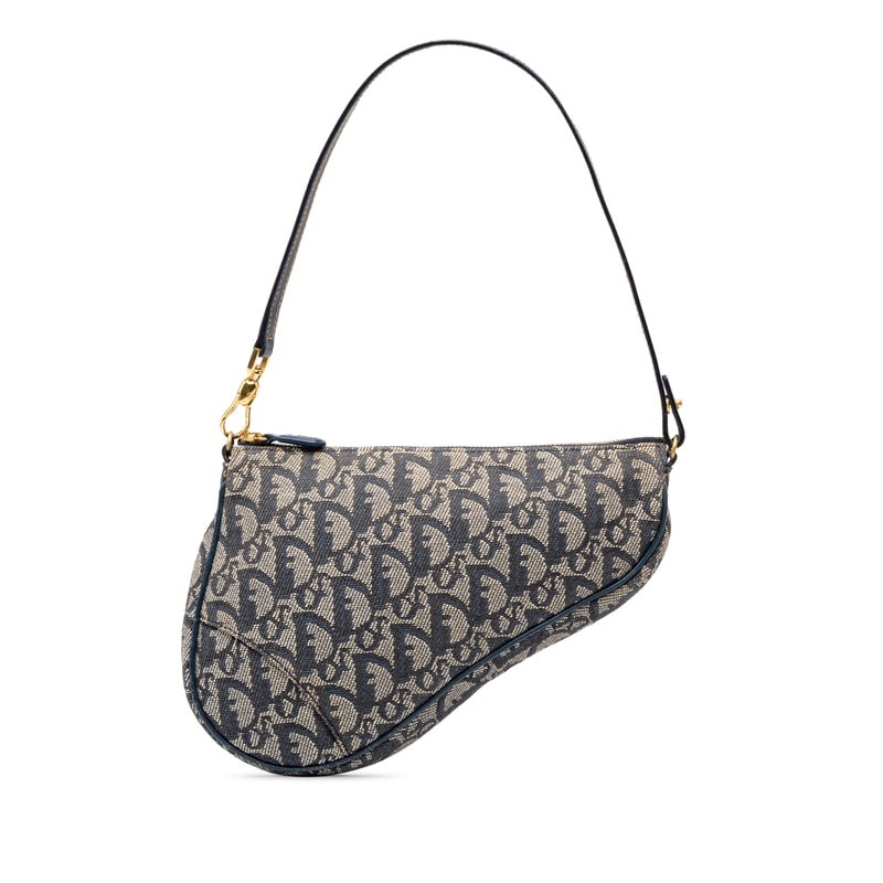 ディオール トロッター サドル ハンドバッグ ポーチ ネイビー キャンバス レザー レディース Dior 中古
