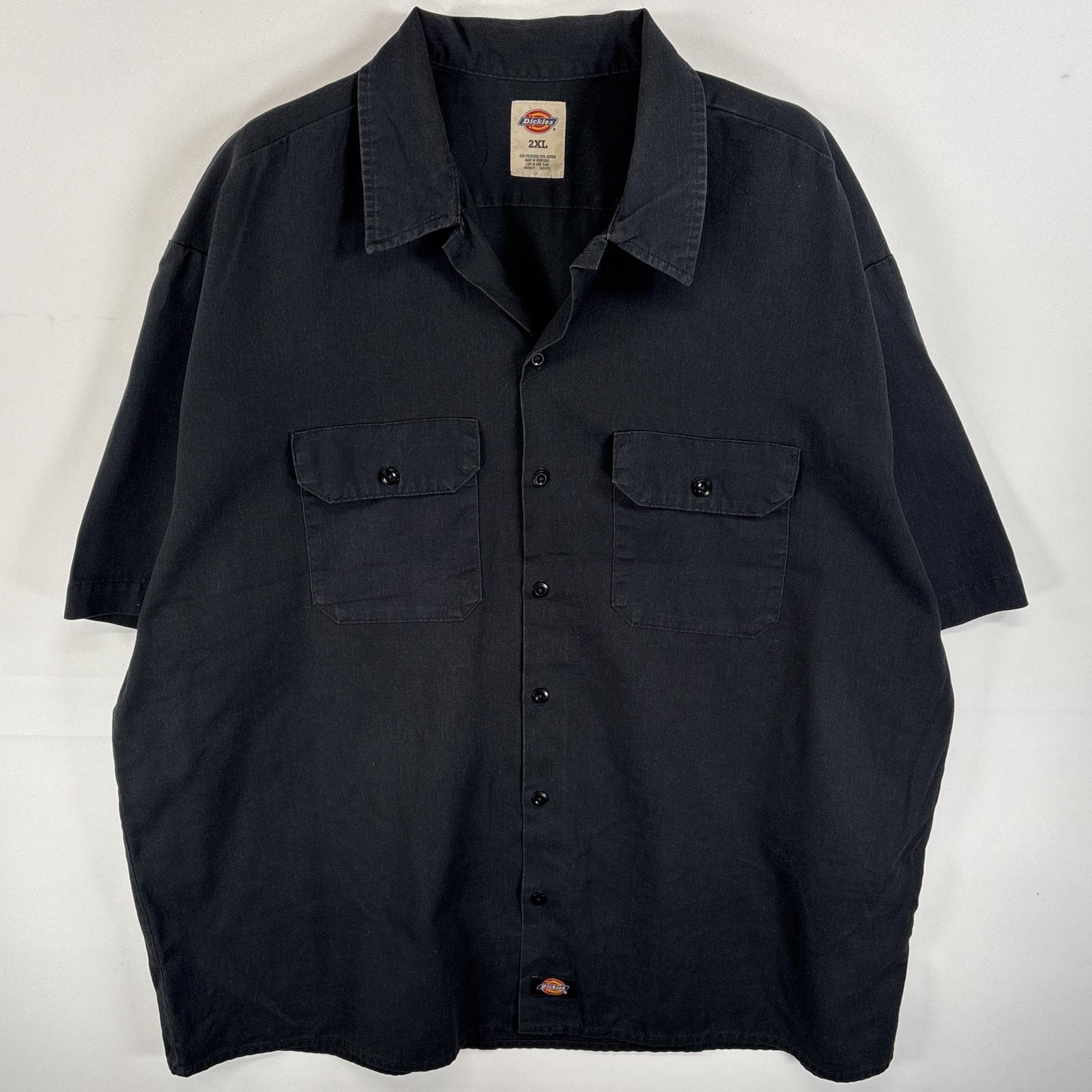 古着 ディッキーズ Dickies 半袖シャツ フラップポケ ワークシャツ ワンポイント ロゴ 2XL  ブラック 無地 メンズ