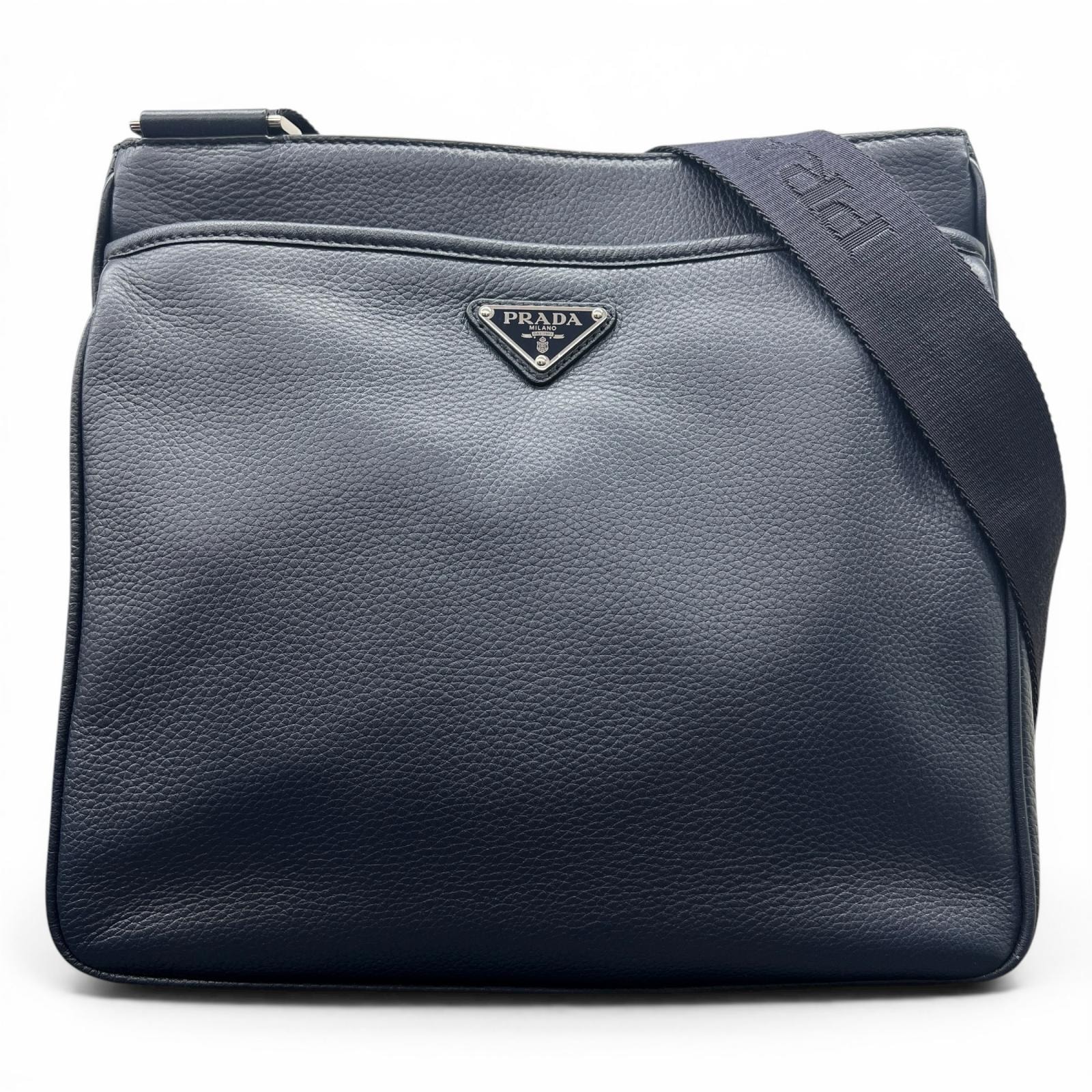 PRADA 極美品 プラダ ヴィッテロシティ ショルダーバッグ 2VH019 レザー ネイビー トライアングルロゴ 三角プレート ロゴプレート クロスボディ メッセンジャー Aランク 鑑定済 中古