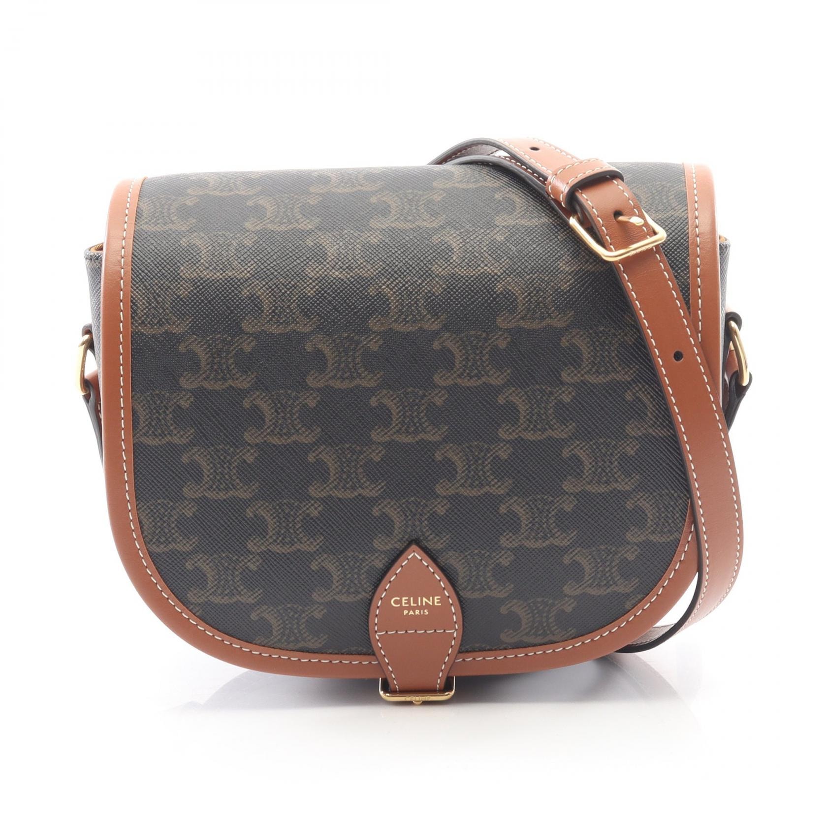 セリーヌ CELINE フォルコ ミディアムバッグ トリオンフ ショルダーバッグ バッグ PVCコーティングキャンバス レザー レディース ブラック系 / ブラウン系 【中古】