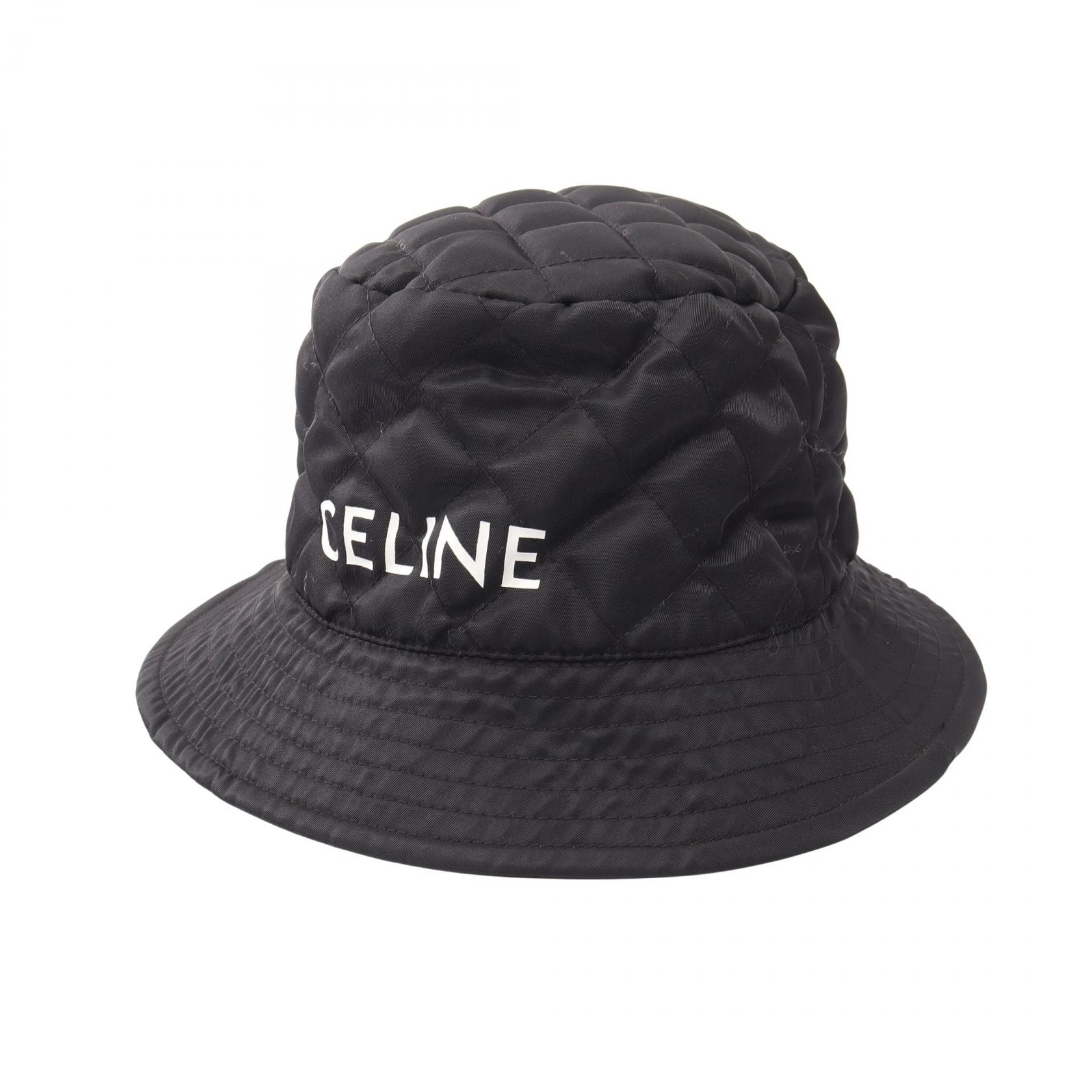 セリーヌ CELINE ロゴプリント バケット ハット 帽子 ナイロン レディース ブラック系 【中古】