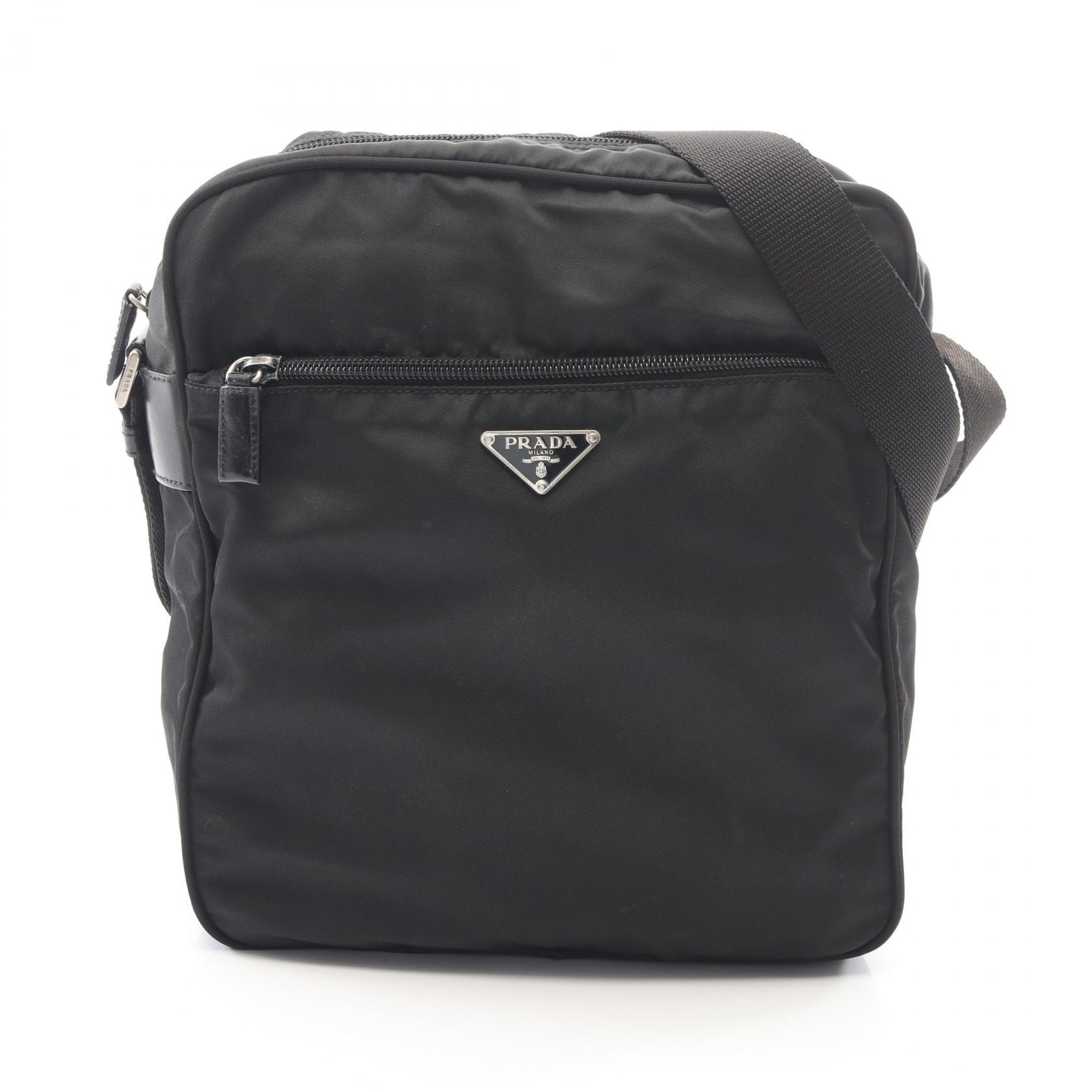 プラダ PRADA トライアングルロゴ ショルダーバッグ バッグ ナイロン レザー メンズ レディース ブラック系 【中古】