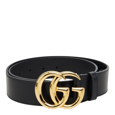 グッチ GGマーモント ダブルG シャイニーバックル ワイド ベルト 406831 ゴールド ブラック レザー メンズ GUCCI 中古