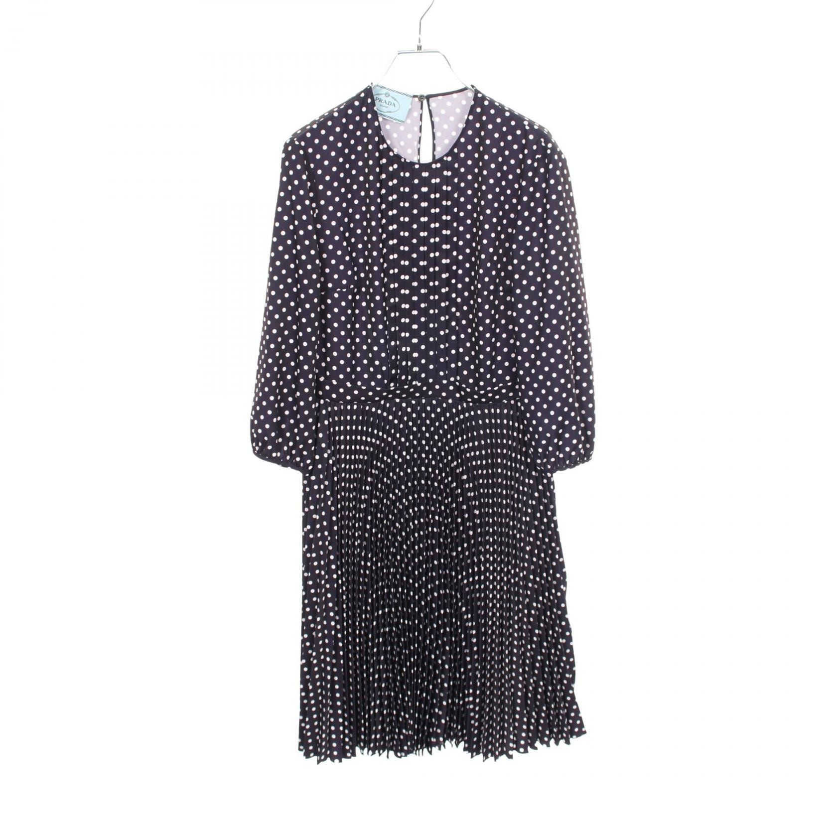 プラダ PRADA プリーツ ドット柄 ワンピース 衣料品 トップス ポリエステル レディース ネイビー系 / ホワイト系 P36D9 【中古】