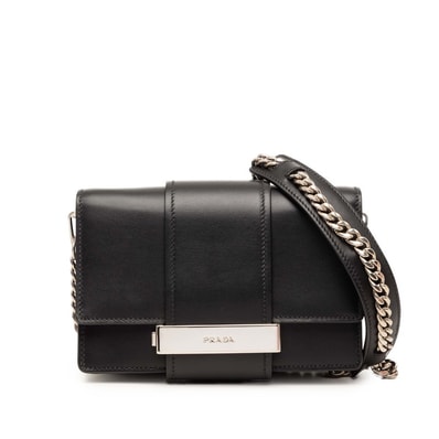 プラダ メタルリボン 斜め掛け チェーン ショルダーバッグ 1BH066 ブラック シティカーフ レディース PRADA 【中古】