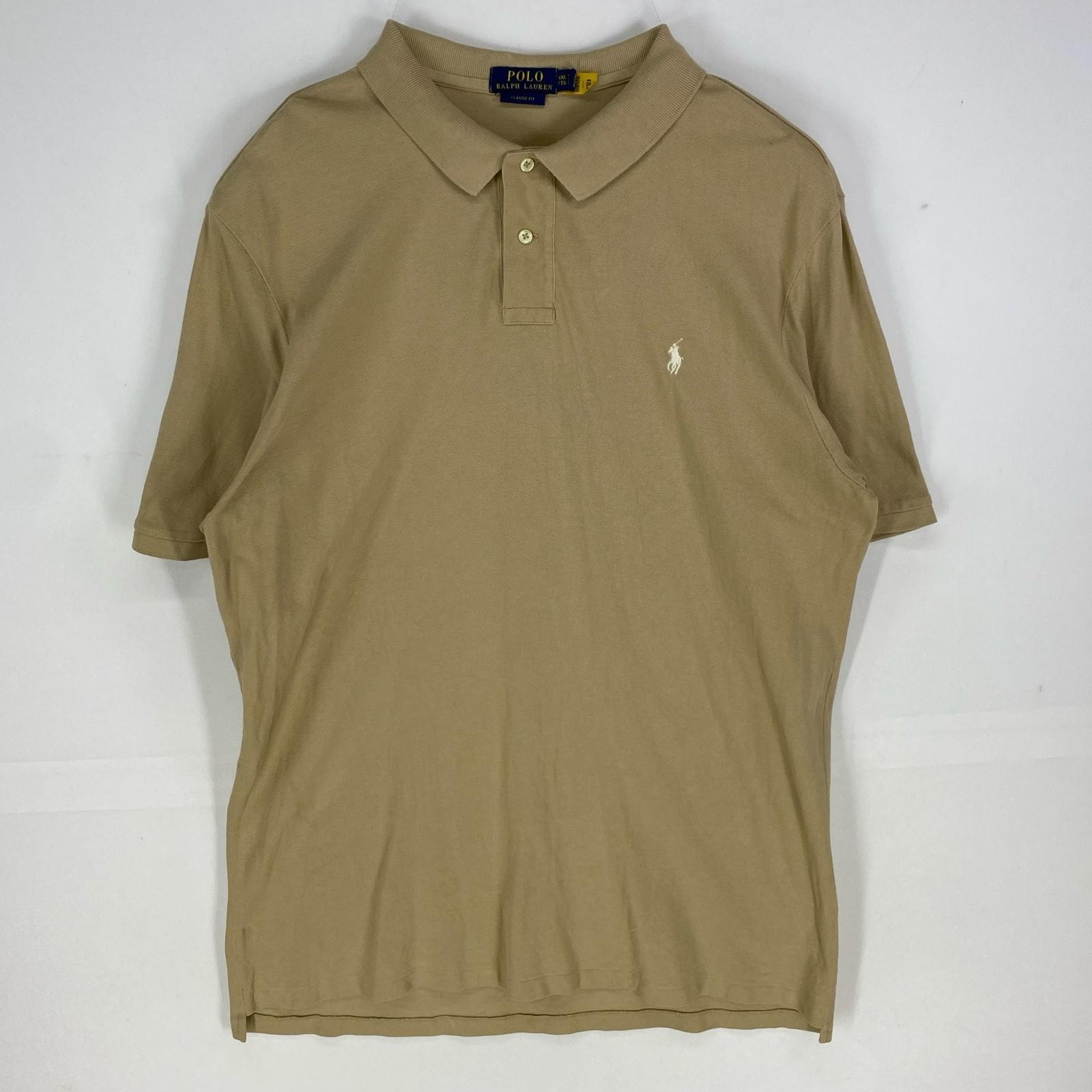 古着 ポロ・ラルフローレン POLO RALPH LAUREN 鹿の子 半袖シャツ ワンポイント刺繍 ポロシャツ 大きいサイズ 2XL ベージュ系 メンズ