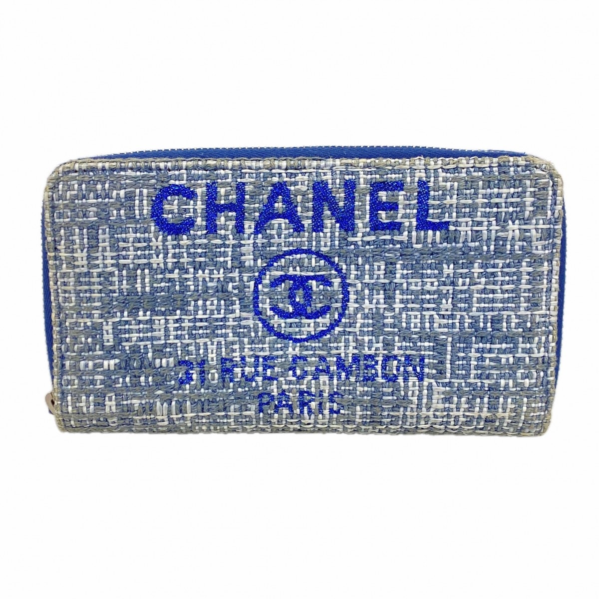 【6gd4506-k】シャネル 財布 ドーヴィル ツイード ブルー シルバー金具【中古】レディース