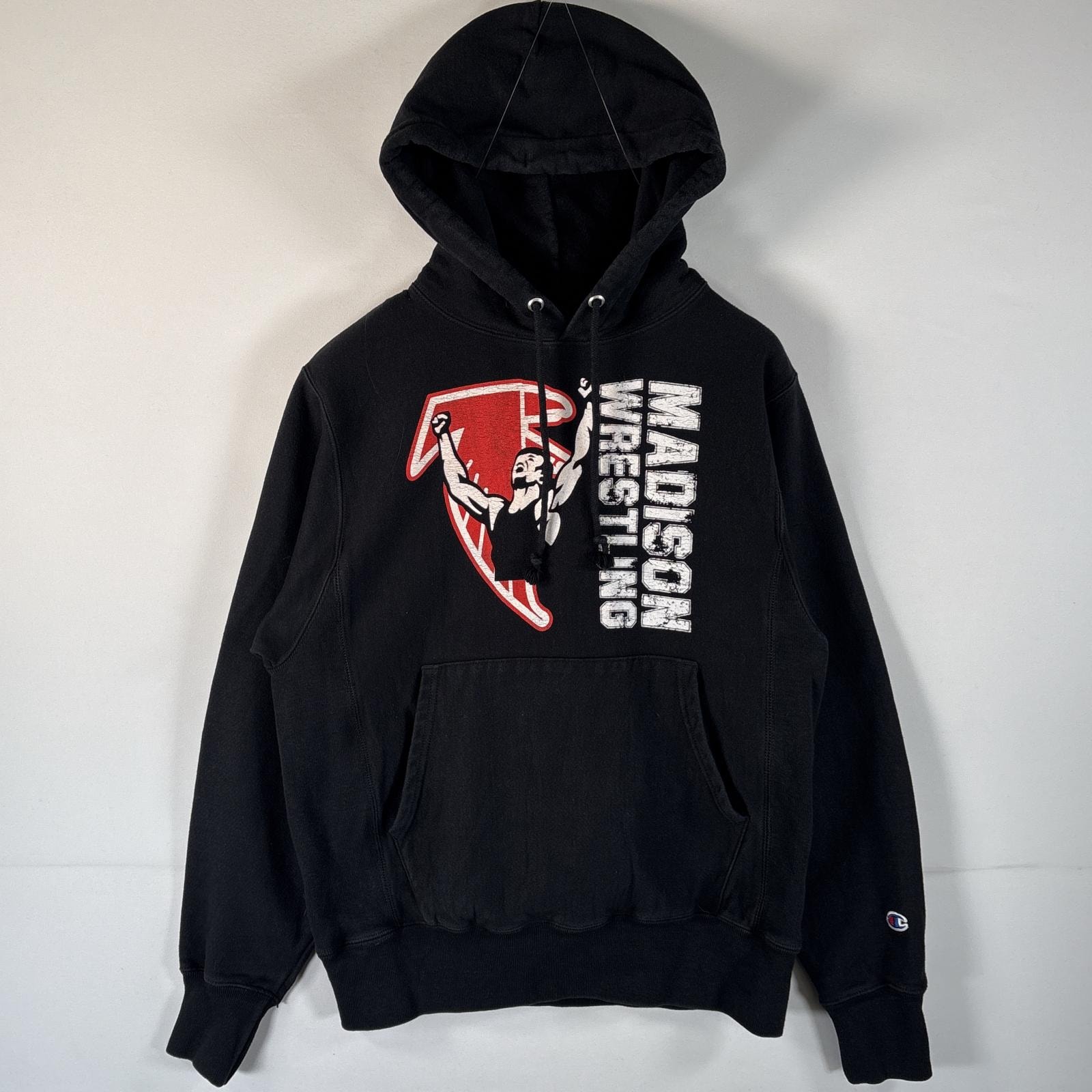 古着 チャンピオン Champion パーカー リバースウィーブ 復刻 プリントデザイン フーディ マフポケット SMALL  ブラック メンズ