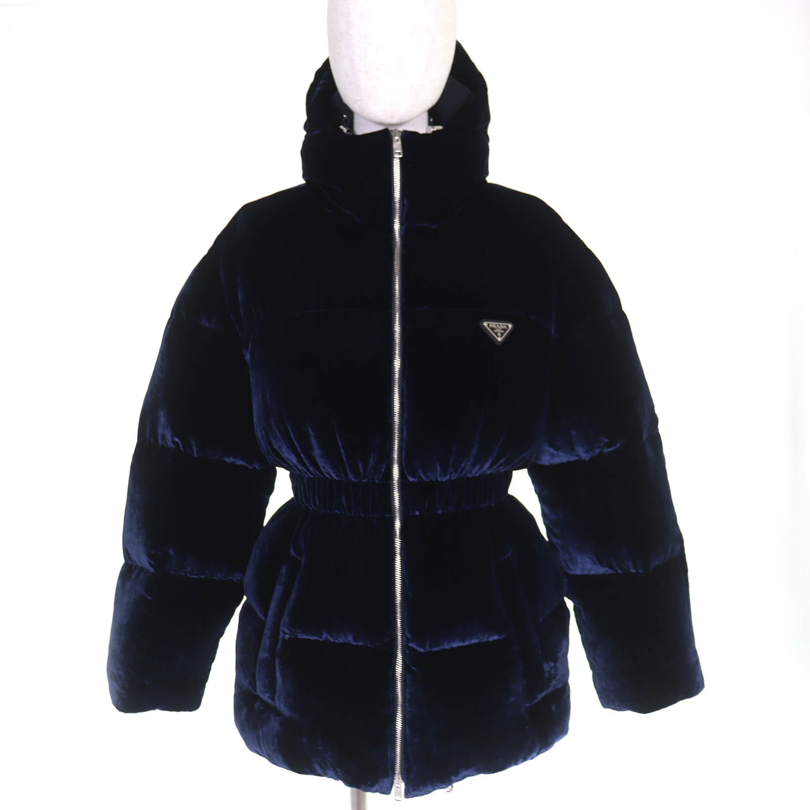 極美品 プラダ トライアングルロゴ ベルベット ダウンジャケット 36 ネイビー