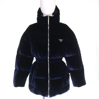 極美品 プラダ トライアングルロゴ ベルベット ダウンジャケット 36 ネイビー