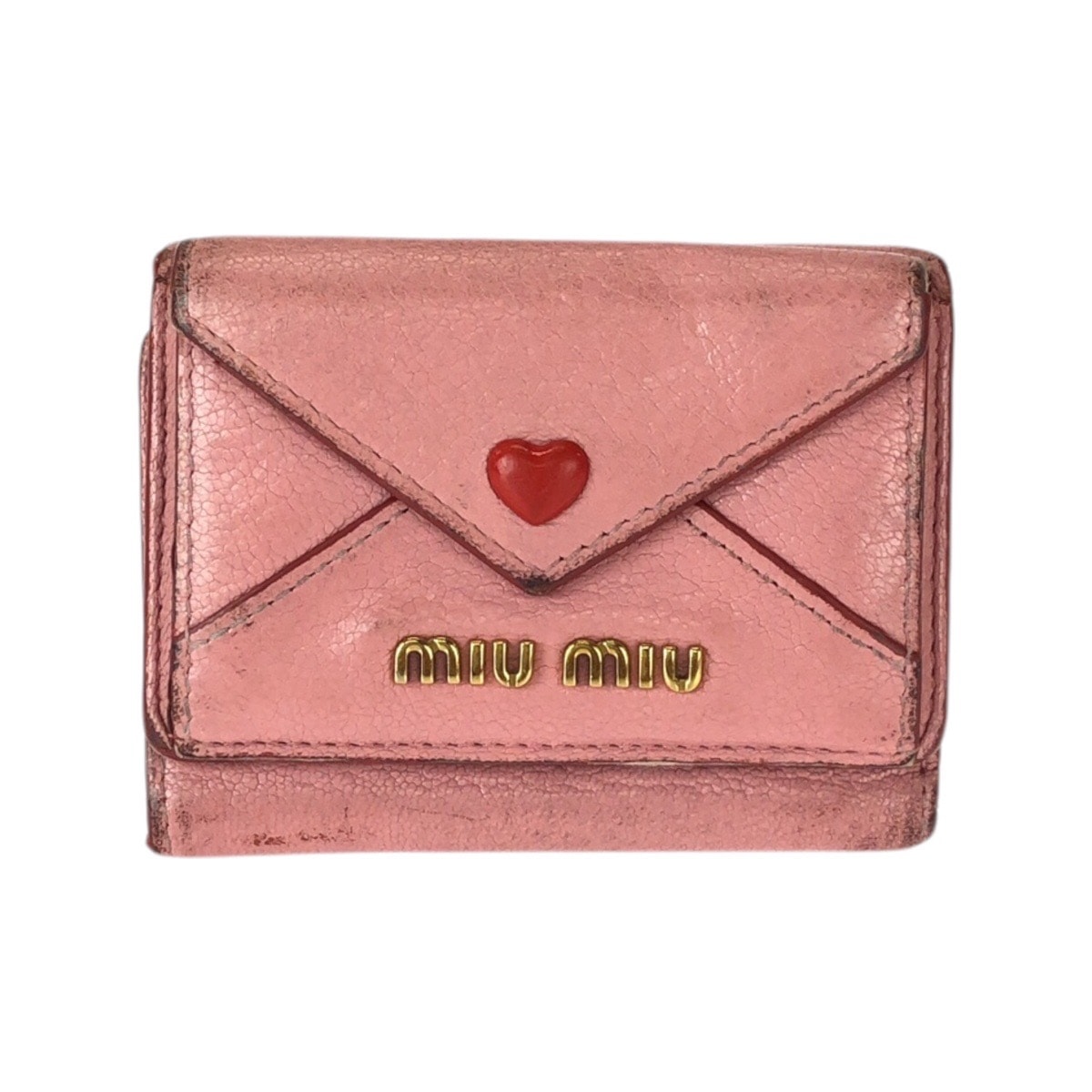 MIUMIU ミュウミュウ マドラス ラブ ピンク レッド ゴールド金具 レザー 折財布 コンパクトウォレット 601085 【中古】