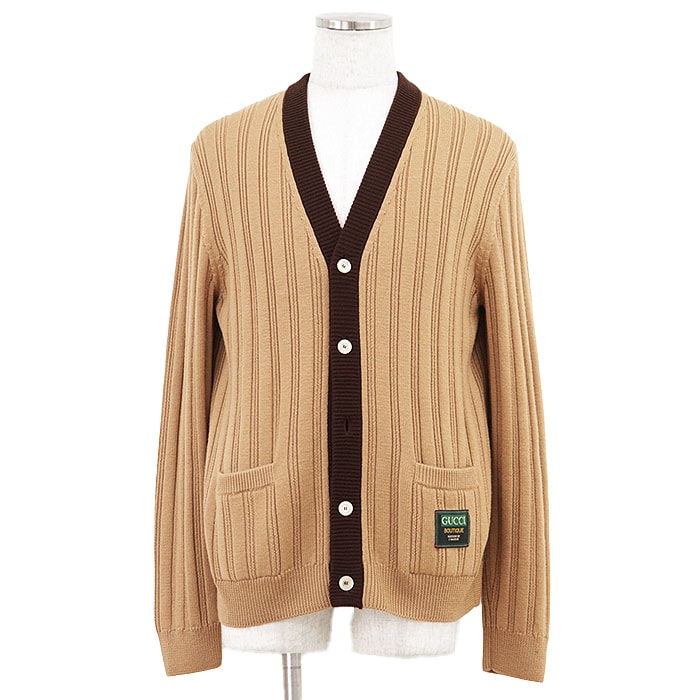 GUCCI BOUTIQUE グッチ ブティック カーディガン ロゴ ボタン ワッペン リブ編み ウール100% ニット ローゲージ Vネック ロングスリーブ 長袖 トップス メンズ サイズ L キャメル ブラウン イタリア製