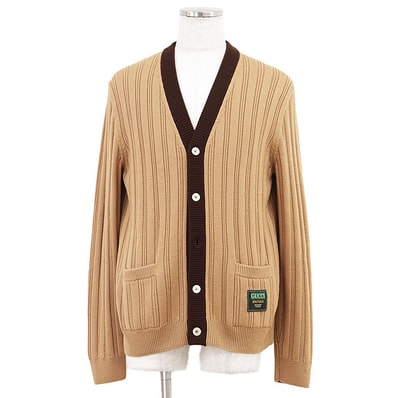 GUCCI BOUTIQUE グッチ ブティック カーディガン ロゴ ボタン ワッペン リブ編み ウール100% ニット ローゲージ Vネック ロングスリーブ 長袖 トップス メンズ サイズ L キャメル ブラウン イタリア製