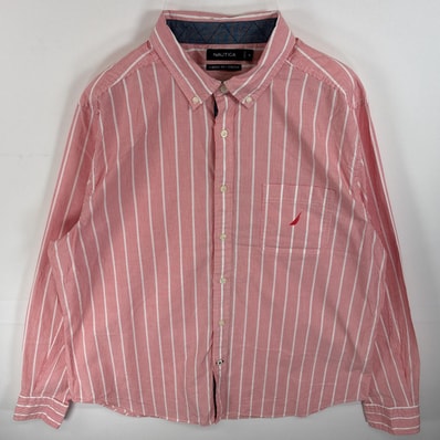 古着 ノーティカ NAUTICA 長袖シャツ ボタンダウンシャツ ワンポイント ロゴ 刺繍 大きいサイズ XL ピンク系 ストライプ メンズ