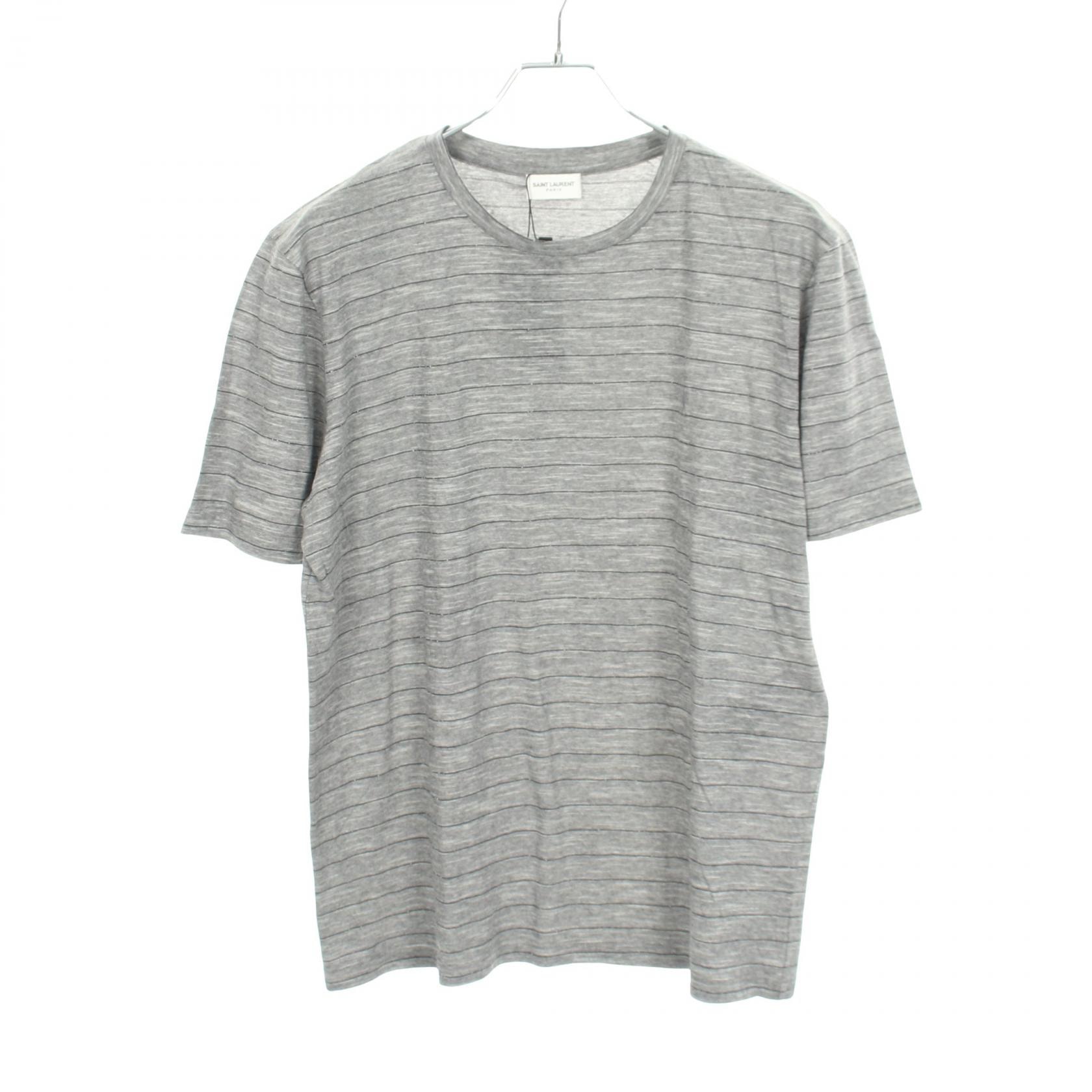 サンローランパリ SAINT LAURENT PARIS ロゴ刺繍 ボーダー クルーネック 半袖Tシャツ 衣料品 トップス コットン メンズ グレー系 605252 【中古】