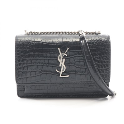 サンローランパリ SAINT LAURENT PARIS サンセット クロコ型押し ショルダーバッグ バッグ レザー レディース ブラック系 【中古】
