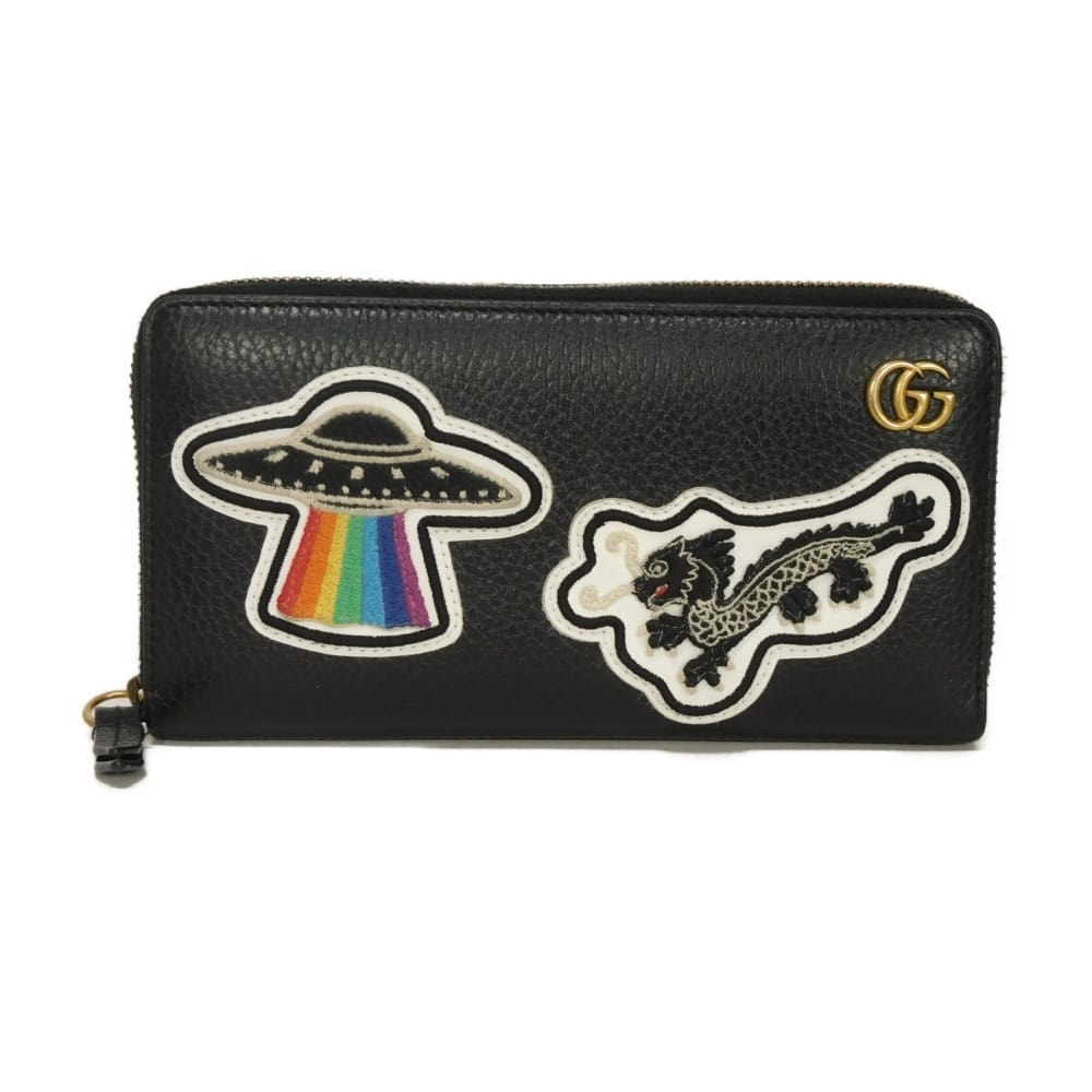 GUCCI グッチ GGマーモント クーリエ ジップアラウンドウォレット エンブロイダリー アップリケ ラウンドファスナー コンパートメント 札入れ カードケース コインケース UFO ドラゴン ブラック 長財布 474584