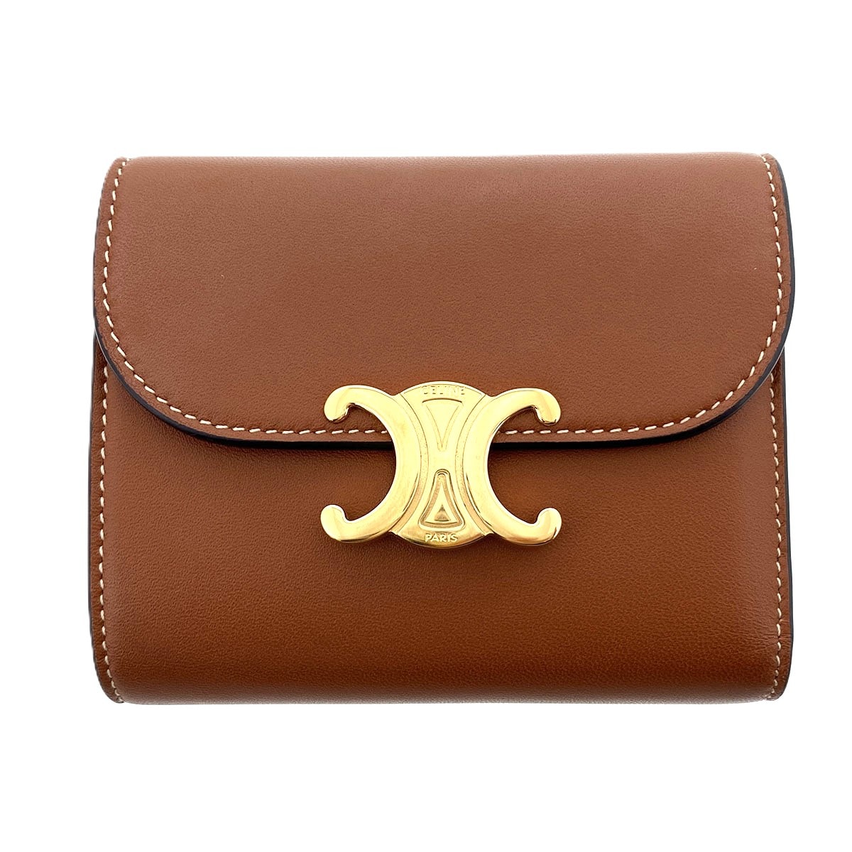 CELINE セリーヌ トリオンフ スモールフラップウォレット 三つ折り財布 10D783 ラムスキン ブラウン ゴールド金具  レディース【中古】