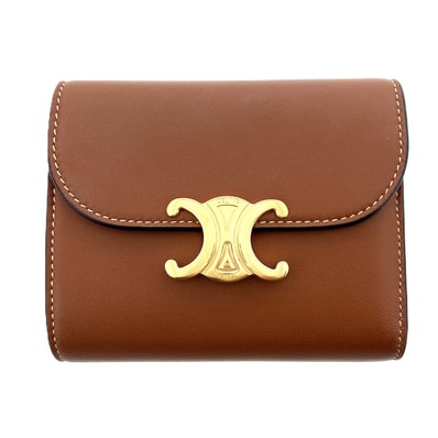 CELINE セリーヌ トリオンフ スモールフラップウォレット 三つ折り財布 10D783 ラムスキン ブラウン ゴールド金具 レディース【中古】