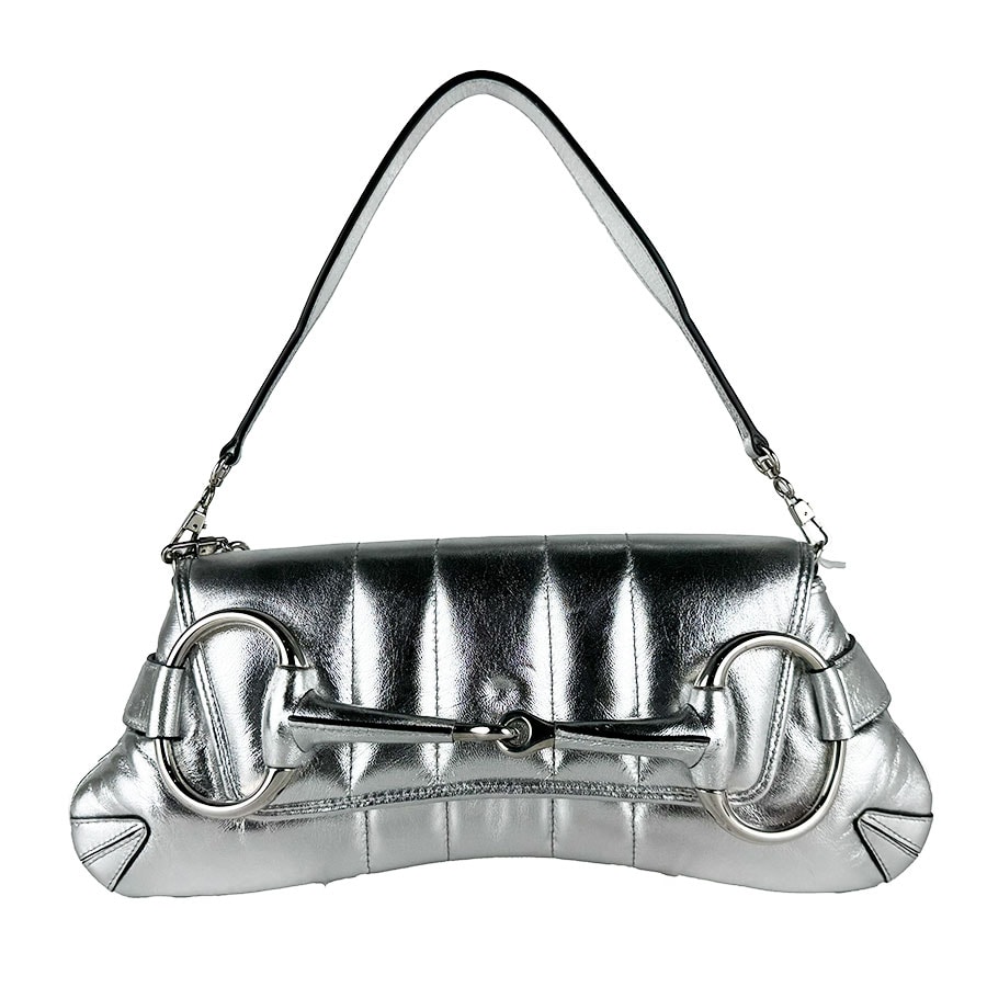 グッチ GUCCI ショルダーバッグ ホースビット レザー シルバー レディース 764255【中古】 z10775